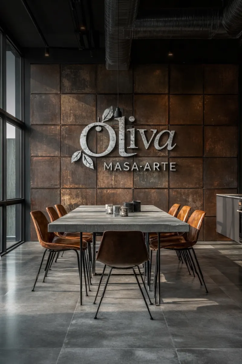 Mesa de interior con sillas y señalética de Oliva.
