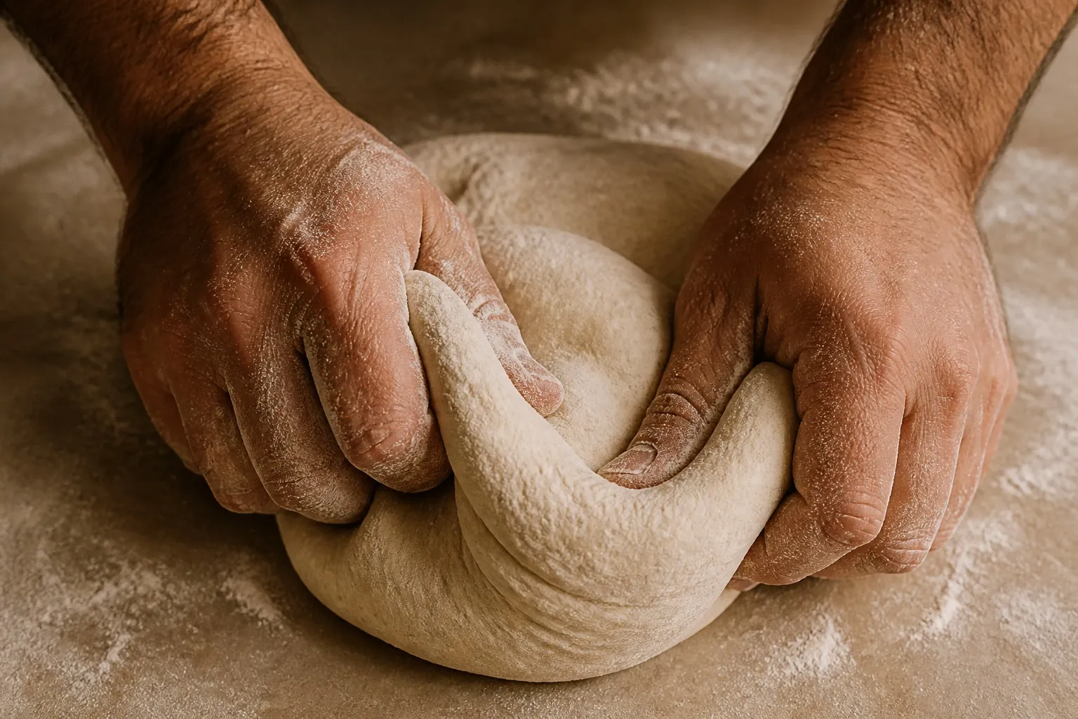 Manos enharinadas amasando y plegando una masa artesanal.