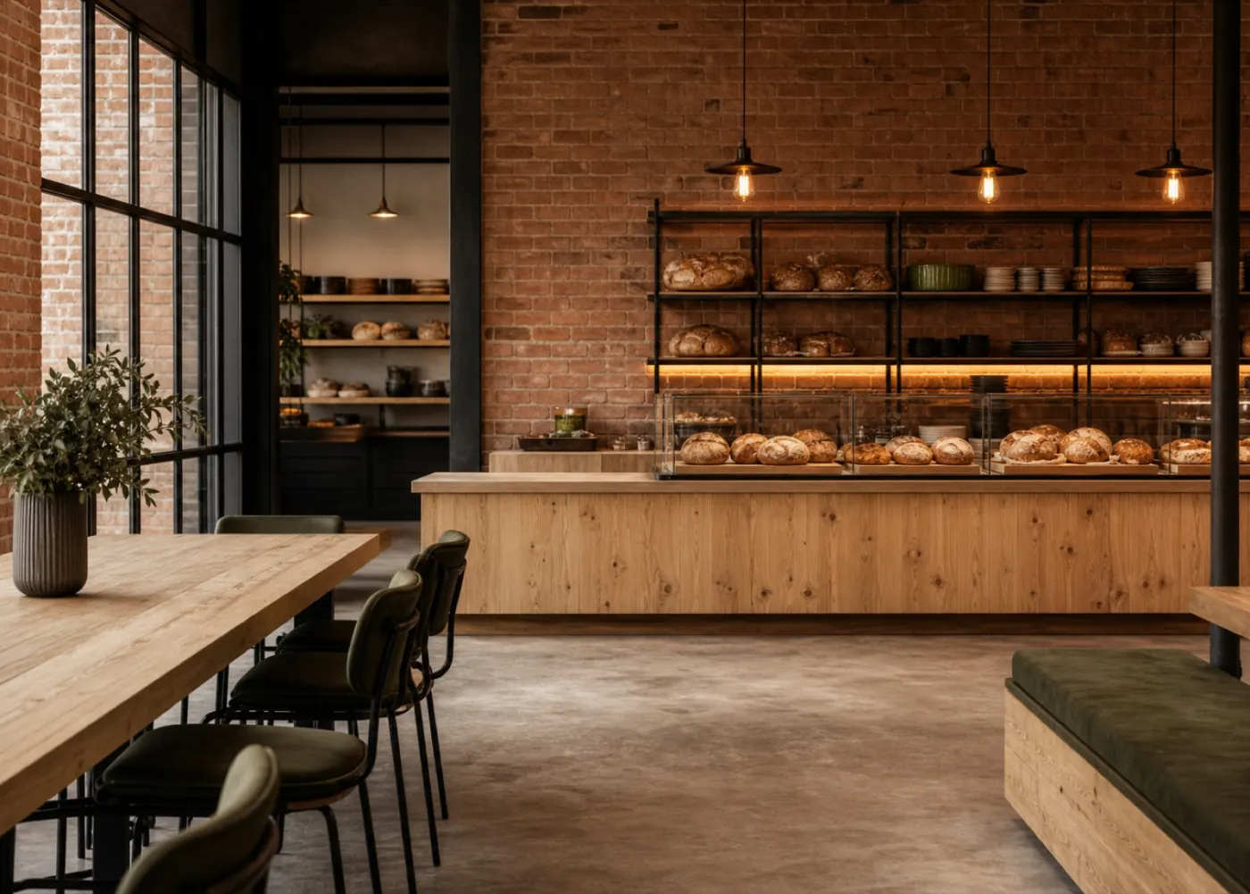 Concepto visual de una panadería minimalista con ladrillo visto, madera de pino y metal negro.