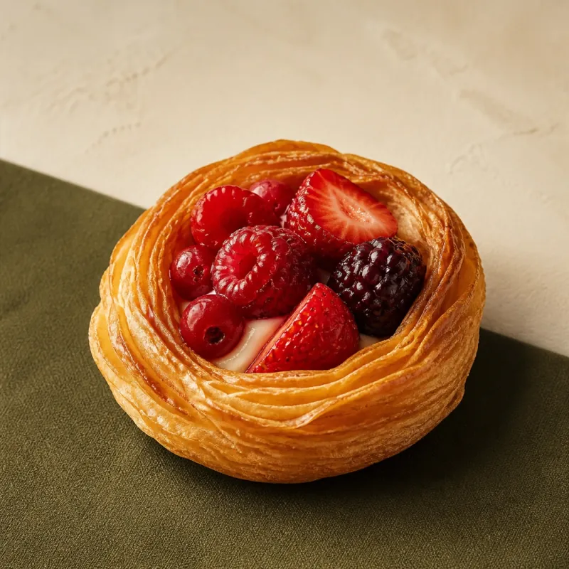 Hojaldre individual con crema y frutos rojos.