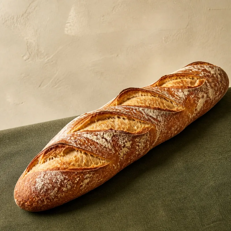 Baguette artesanal de corteza dorada y cortes diagonales.
